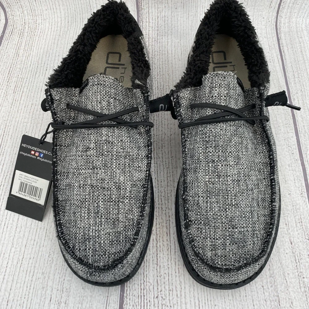 Hey Dude Wally Stitch Mens 12 Stormcloud Grey Faux Fur Lined Loafers Comfort